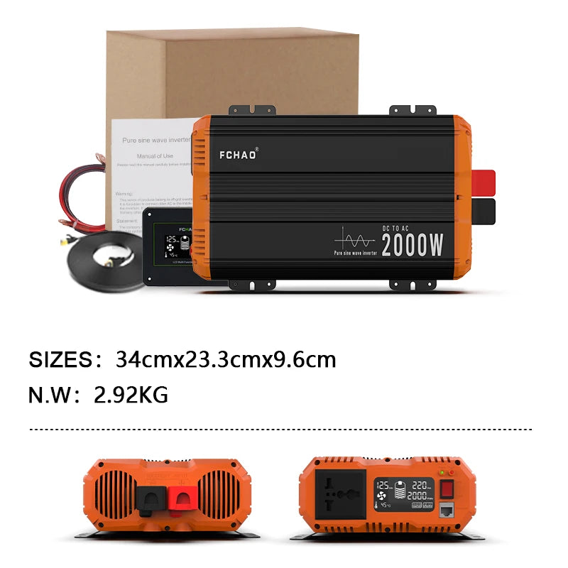 FCHAO 2000W Pure Sine Wave Inverter 12V/24V/48V To 220V/230V/240V LCD Display Auto Accessories Power Converter For Home Camping And RV