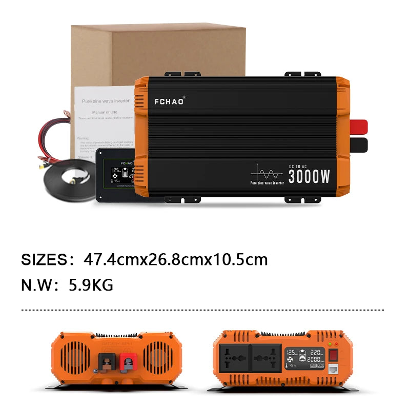 FCHAO 3000W Pure Sine Wave Inverter 12V/24V/48V To 220V/230V/240V LCD Display Auto Accessories Power Converter For Home Camping And RV