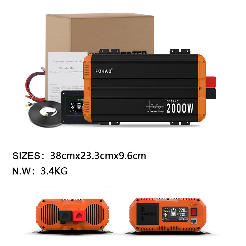 FCHAO 2000W Pure Sine Wave Inverter 12V/24V/48V To 220V/230V/240V LCD Display Auto Accessories Power Converter For Home Camping And RV